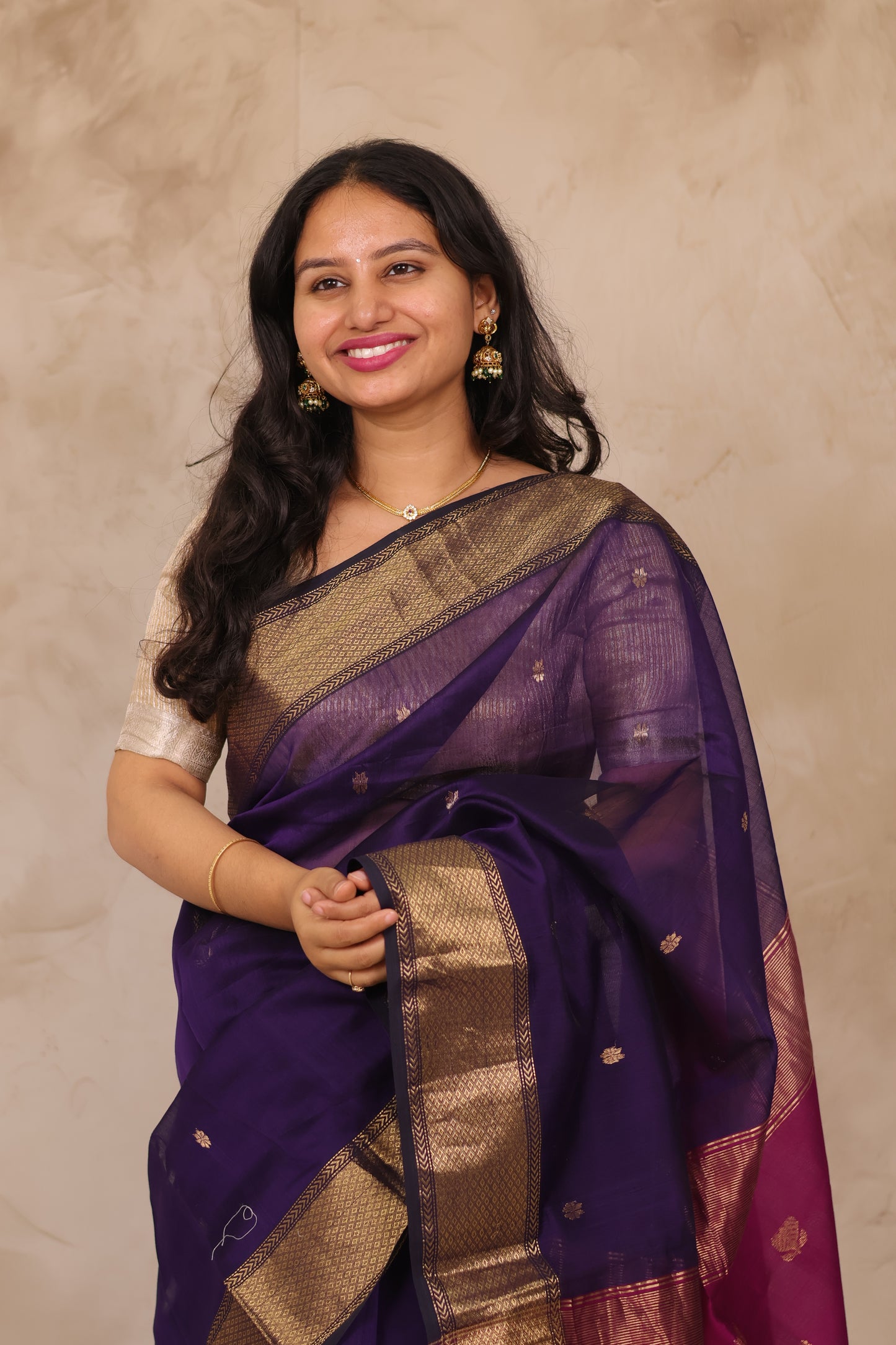 Violet Handloom Maheswari Silk Cotton Sarees | Looms & Tassels