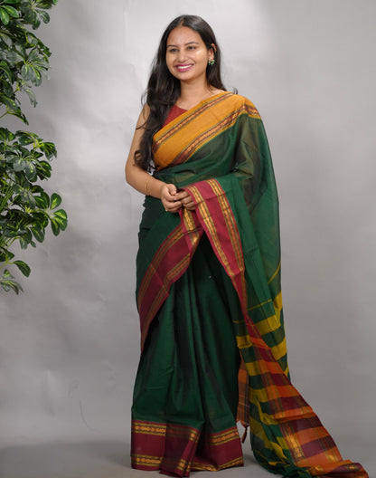 Green Narayanpet Cotton Saree With Ganga And Jamuna Border | Looms & Tassels