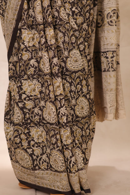 Black Hand Block Printed Kalamkari Cotton Saree | Looms & Tassels