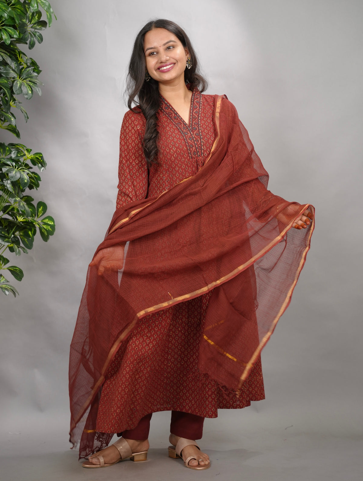 Rust Maroon Butti Ajrakh Cotton Kali Kurta | Looms & Tassels