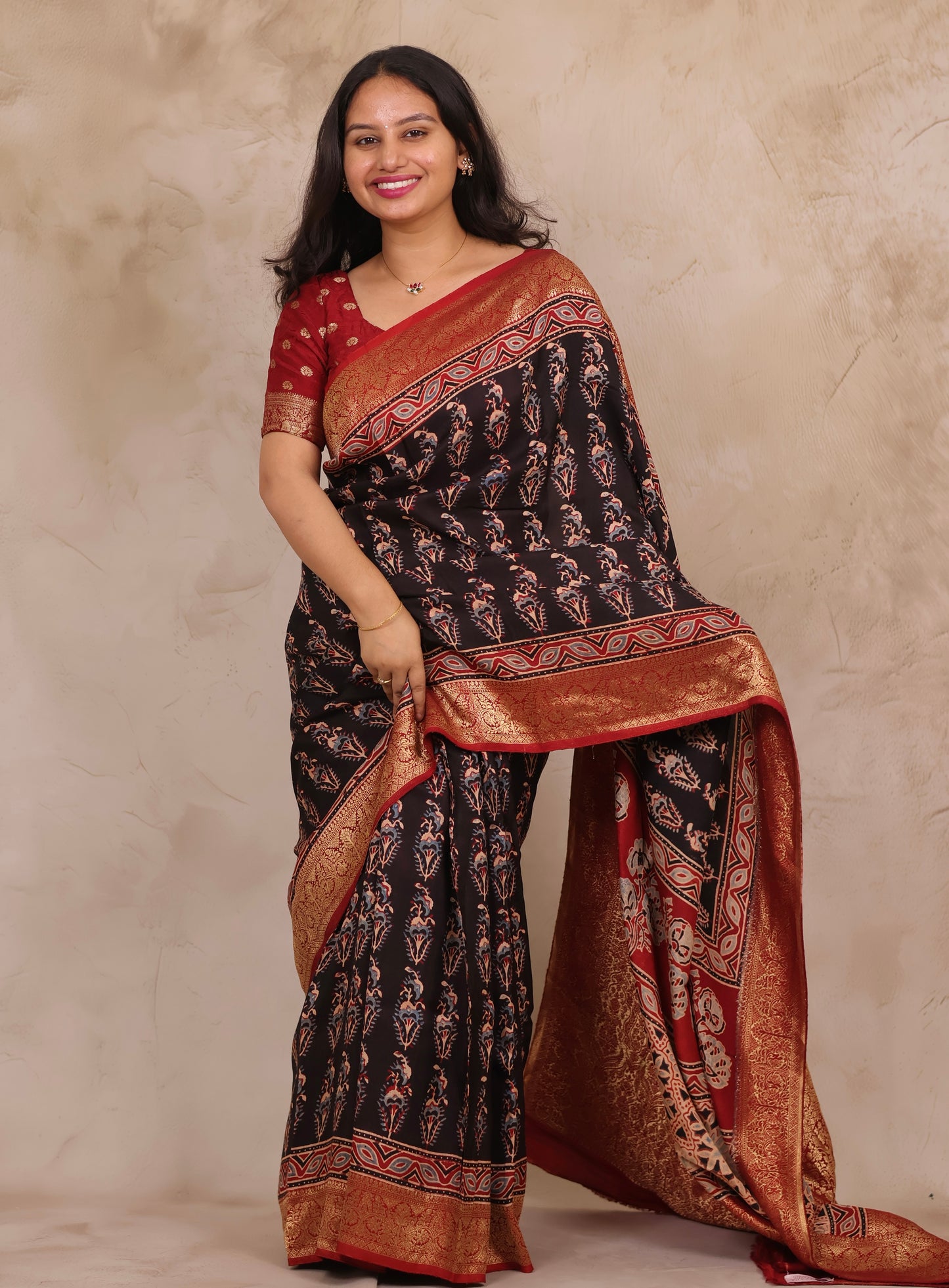 Black Ajrakh Handblock printed Dola Silk Saree | Looms & Tassels