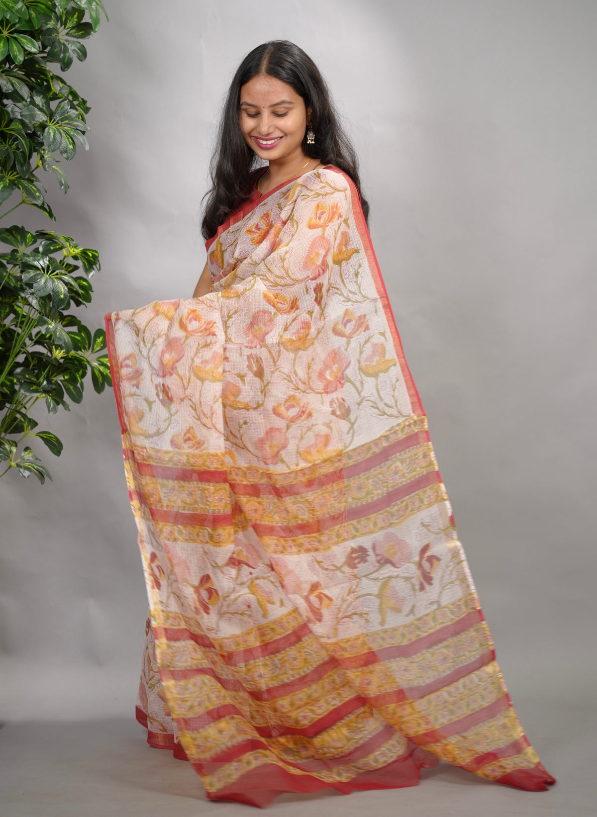 Off white Pure Kota Doria Saree with Bagru Handblock Prints