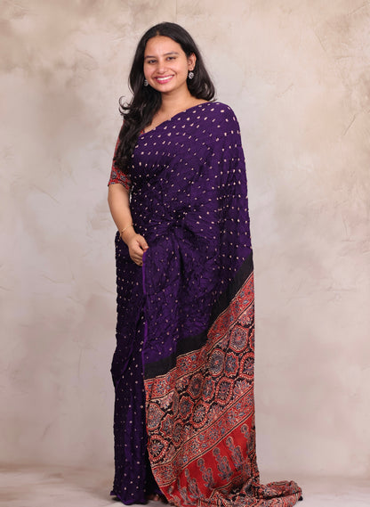 Purple Hand Knotted Bandhej Modal Silk Saree with Ajrakh Pallu | Looms & Tassels