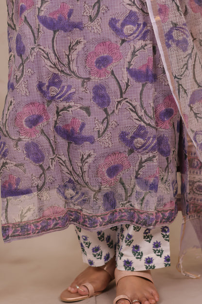 Lavender Handblock printed kota 3 piece suit (stitched)