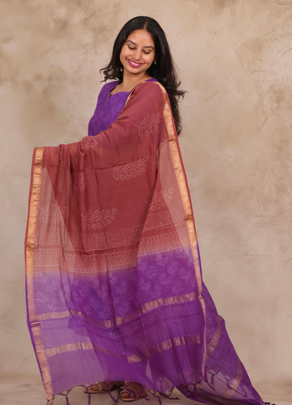 Purple Handblock printed Pure Maheswari Silk 3 piece suit (stitched)