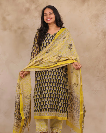 Black & Lemon Yellow Handblock printed Pure Maheswari Silk 3 piece suit (stitched)