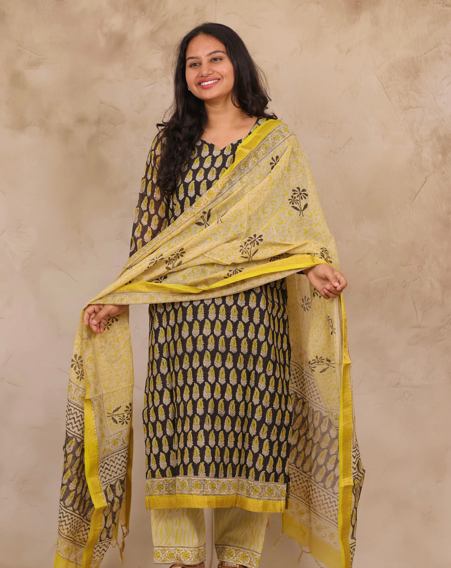 Black & Lemon Yellow Handblock printed Pure Maheswari Silk 3 piece suit (stitched)