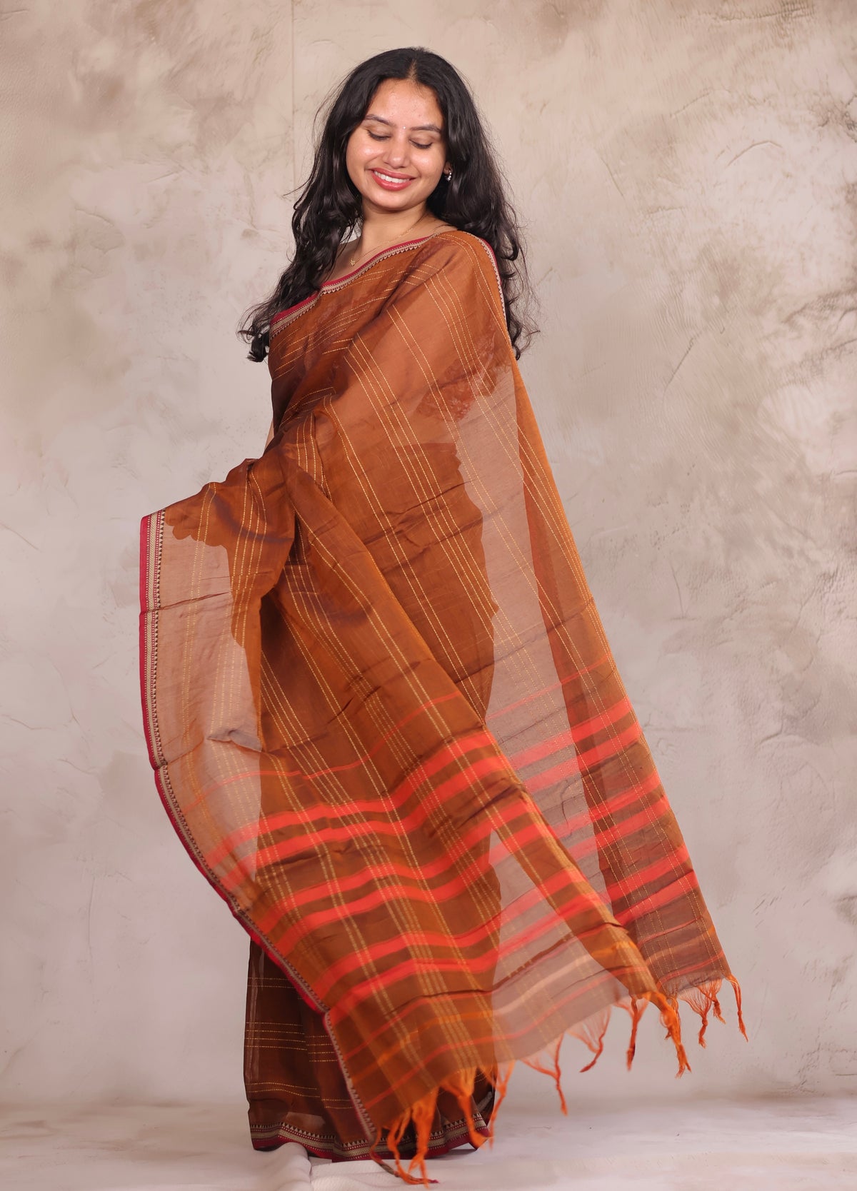 Mustard Narayanpet Cotton Saree lines weaving Saree | Looms & Tassels