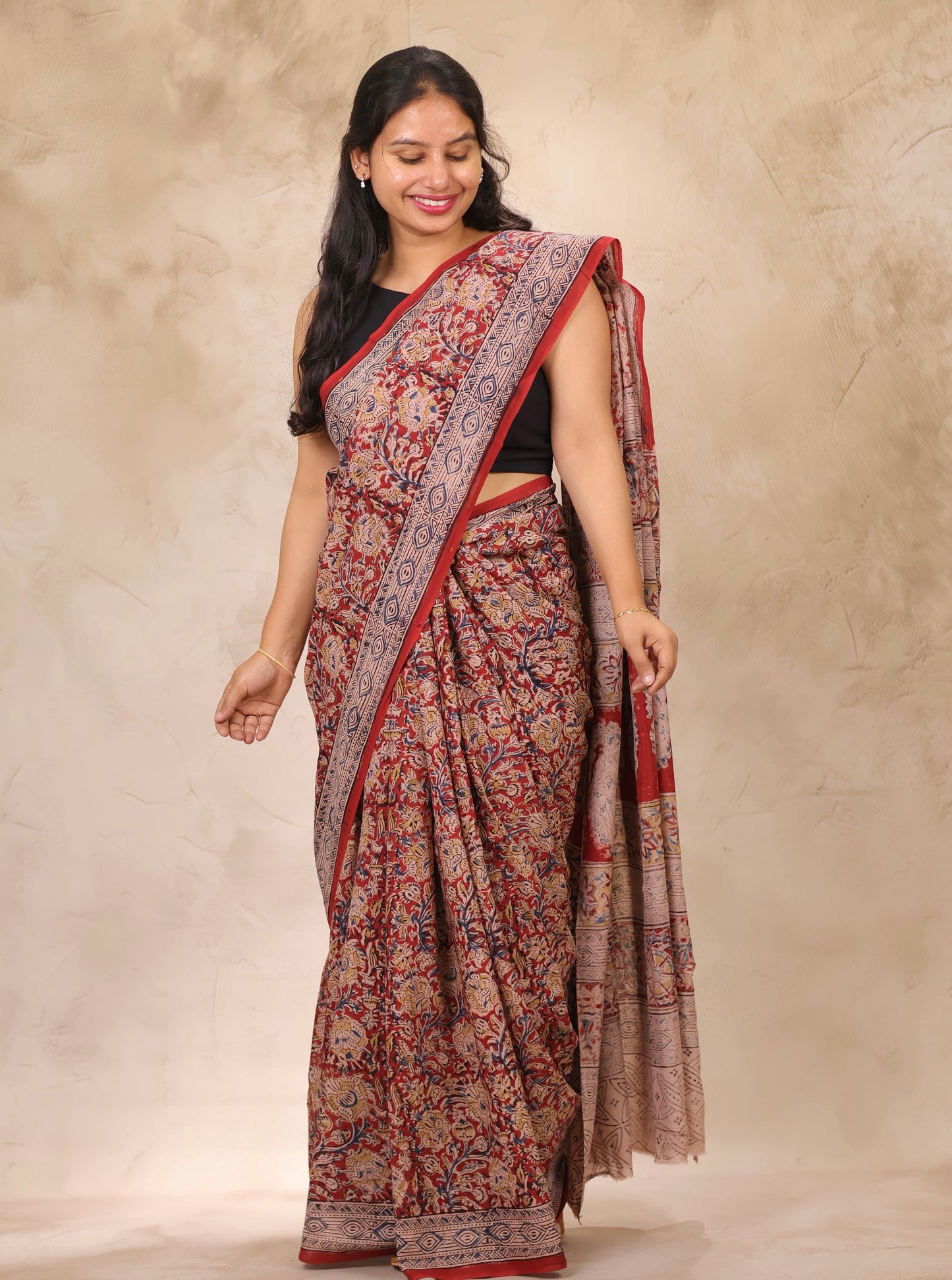Maroon Hand Block Printed Kalamkari Cotton Saree | Looms & Tassels