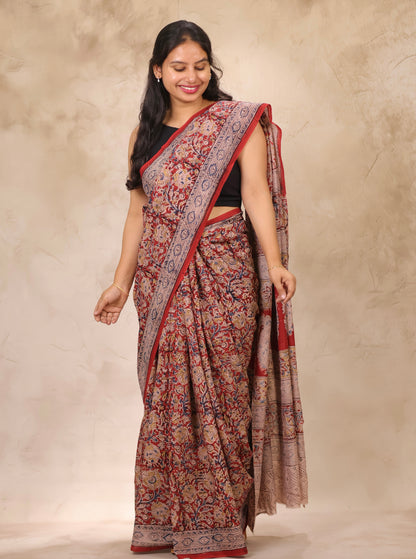 Maroon Hand Block Printed Kalamkari Cotton Saree | Looms & Tassels