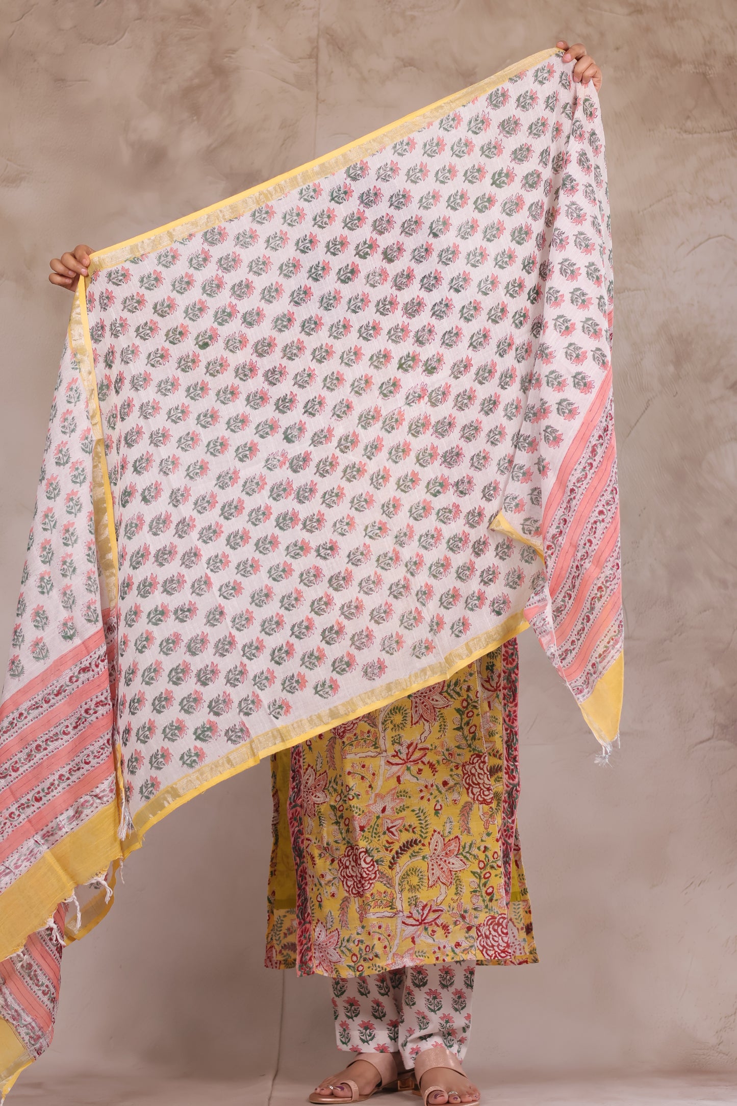 Yellow Linen Cotton Handblock printed 3 piece suit (stitched)