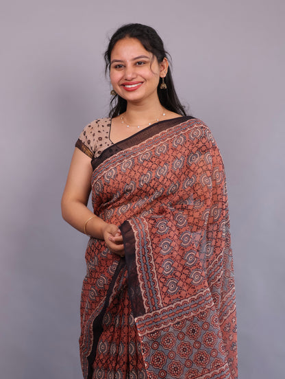 Rust Orange Ajrakh Hand Block Printed Kota Doria Saree | Looms & Tassels