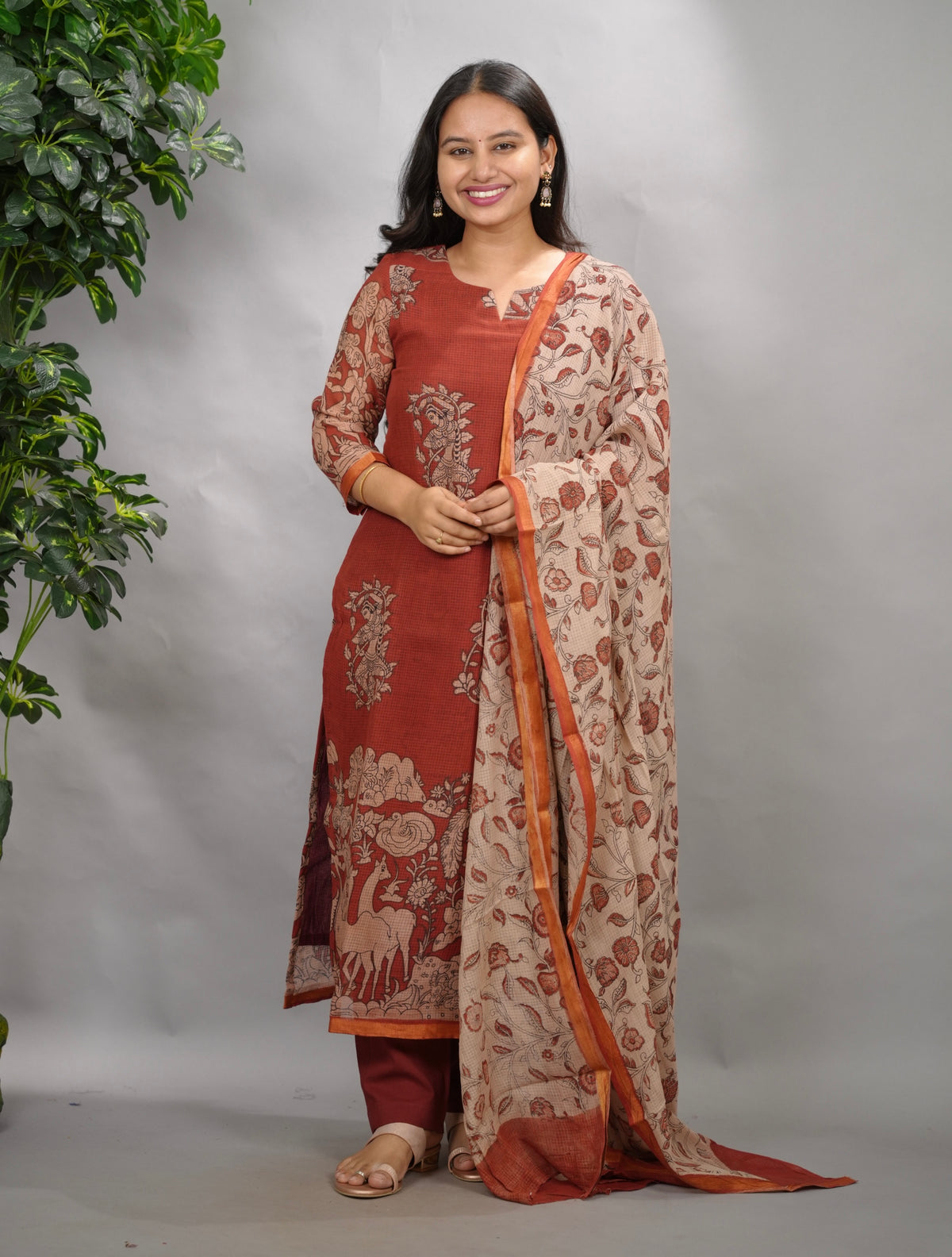 Maroon Kalamkari Kota Cotton 3 piece suit (stitched) | Looms & Tassels