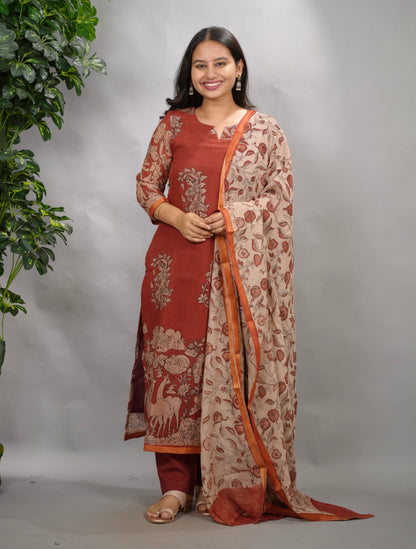 Maroon Kalamkari Kota Cotton 3 piece suit (stitched) | Looms & Tassels
