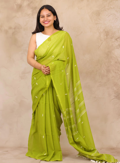 Parrot Green Malai Cotton Saree with Butta Weaving | Looms & Tassels