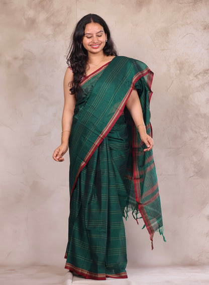 Green Narayanpet Cotton Saree lines weaving with contrast bock printed blouse | Looms & Tassels