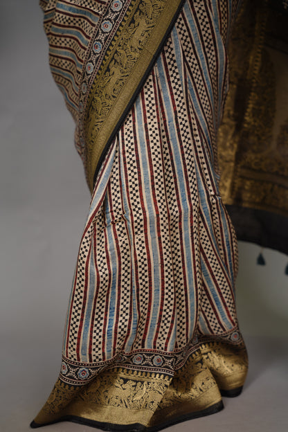 Contemporary Ajrakh Handblock printed Dola Silk Saree | Looms & Tassels