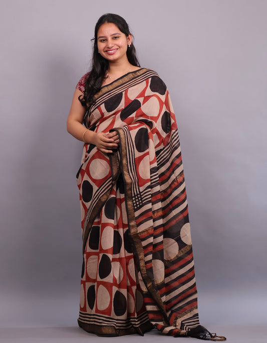 Bagru Hand Block Printed Maheswari Silk Cotton Saree