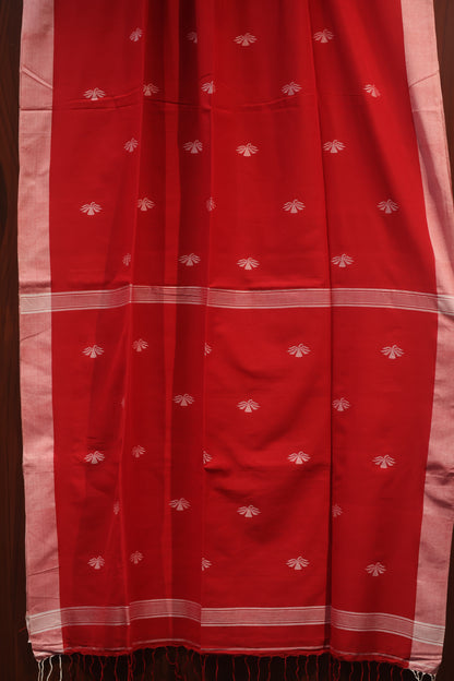 Red Pure Handwoven Jamdhani butta Malai Cotton Saree