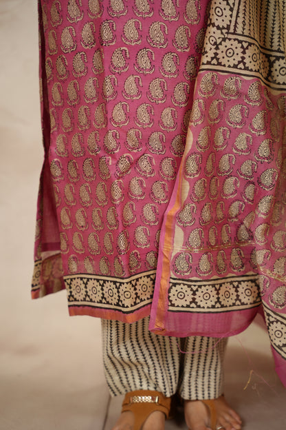 Pink Handblock printed Pure Chenderi Silk 3 piece suit (stitched) | Looms & Tassels