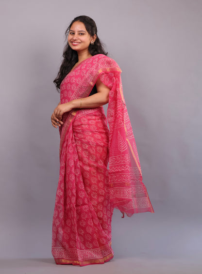 Pure Kota Doria Saree with Bagru Handblock Prints – Pink | Looms&Tassels