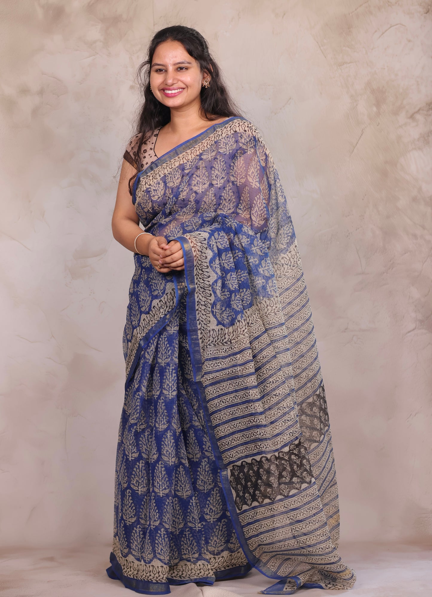 Blue Pure Kota Doria Saree with Bagru Handblock Prints | Looms & Tassels