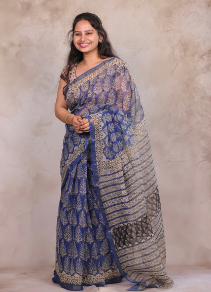 Blue Pure Kota Doria Saree with Bagru Handblock Prints | Looms & Tassels