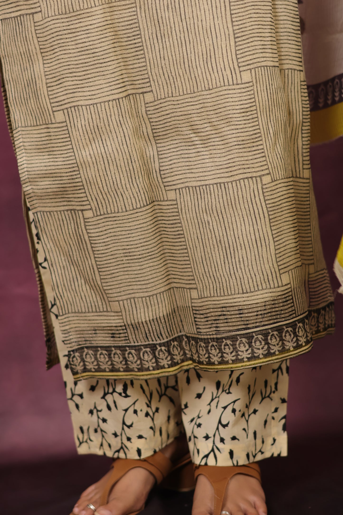 Cream Handblock printed kota 3 piece suit (stitched)