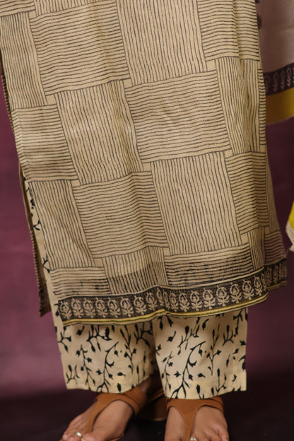 Cream Handblock printed kota 3 piece suit (stitched)