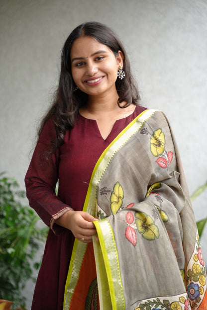 Grey Pen Kalamkari Mangalagiri silk Dupatta