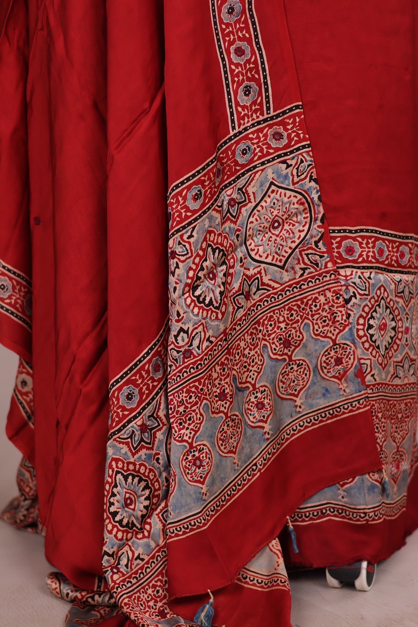 Mirror Work Maroon Ajrakh Handblock Printed Modal Silk 2 Piece Suit Set | Looms & Tassels