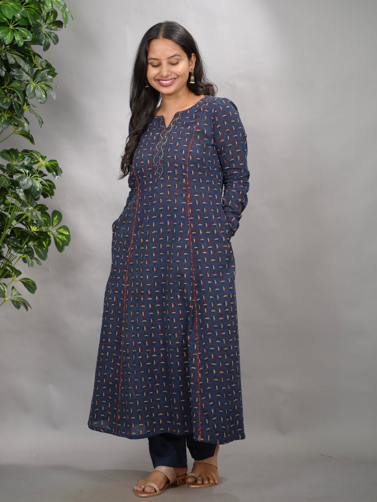 Indigo Ajrakh Handblock Printed Kali Kurta with Chudi Sleeves