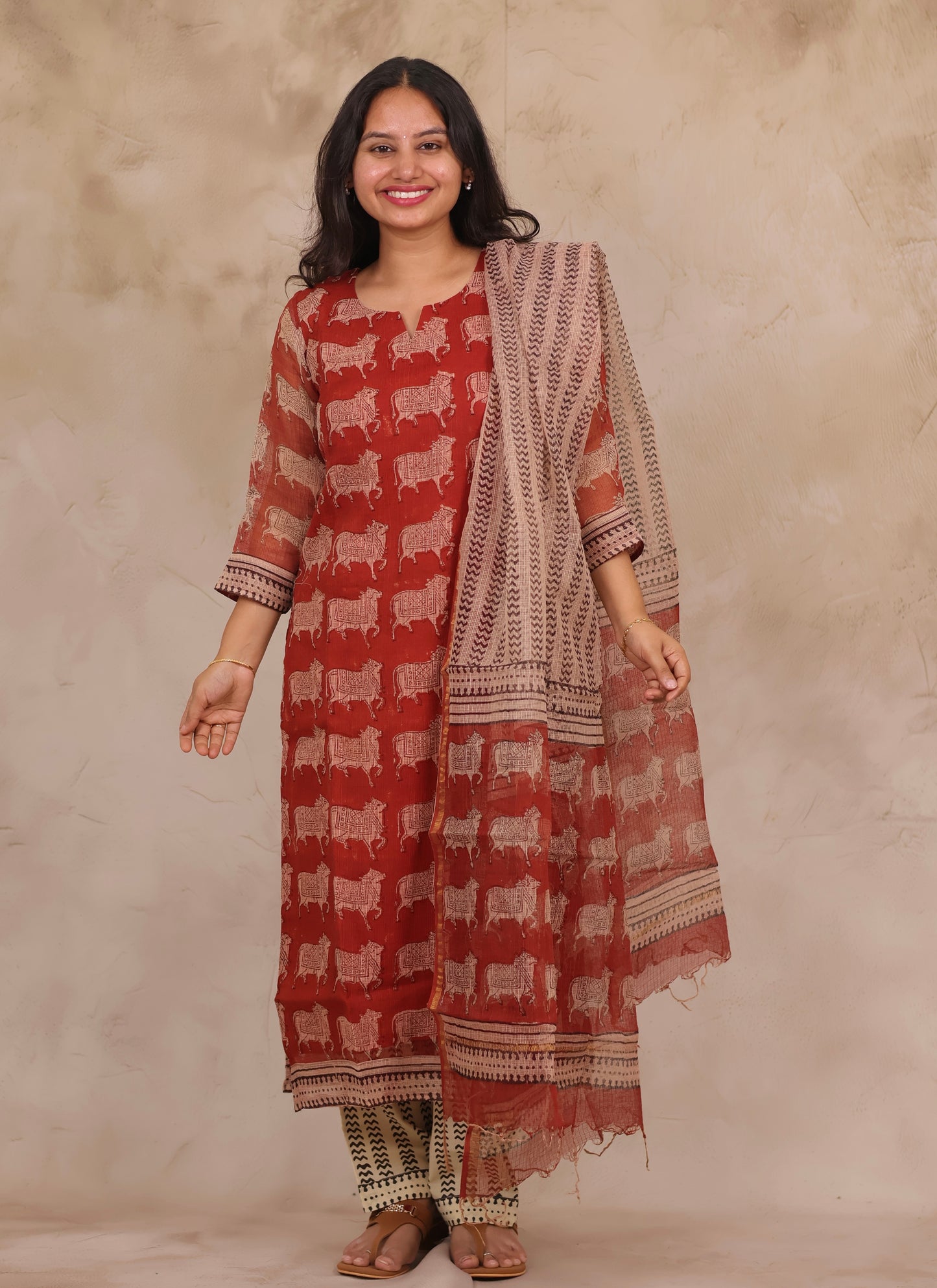 Maroon Pichwai Handblock printed kota 3 piece suit (stitched)