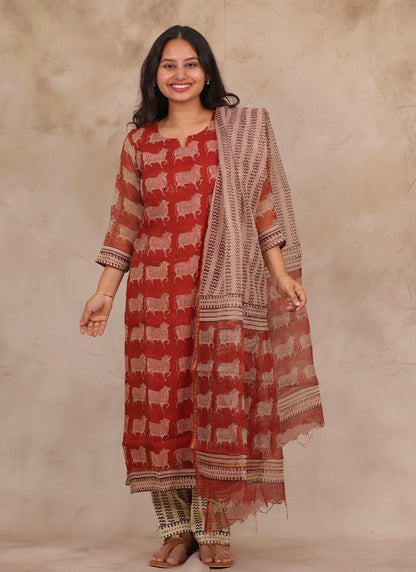 Maroon Pichwai Handblock printed kota 3 piece suit (stitched)