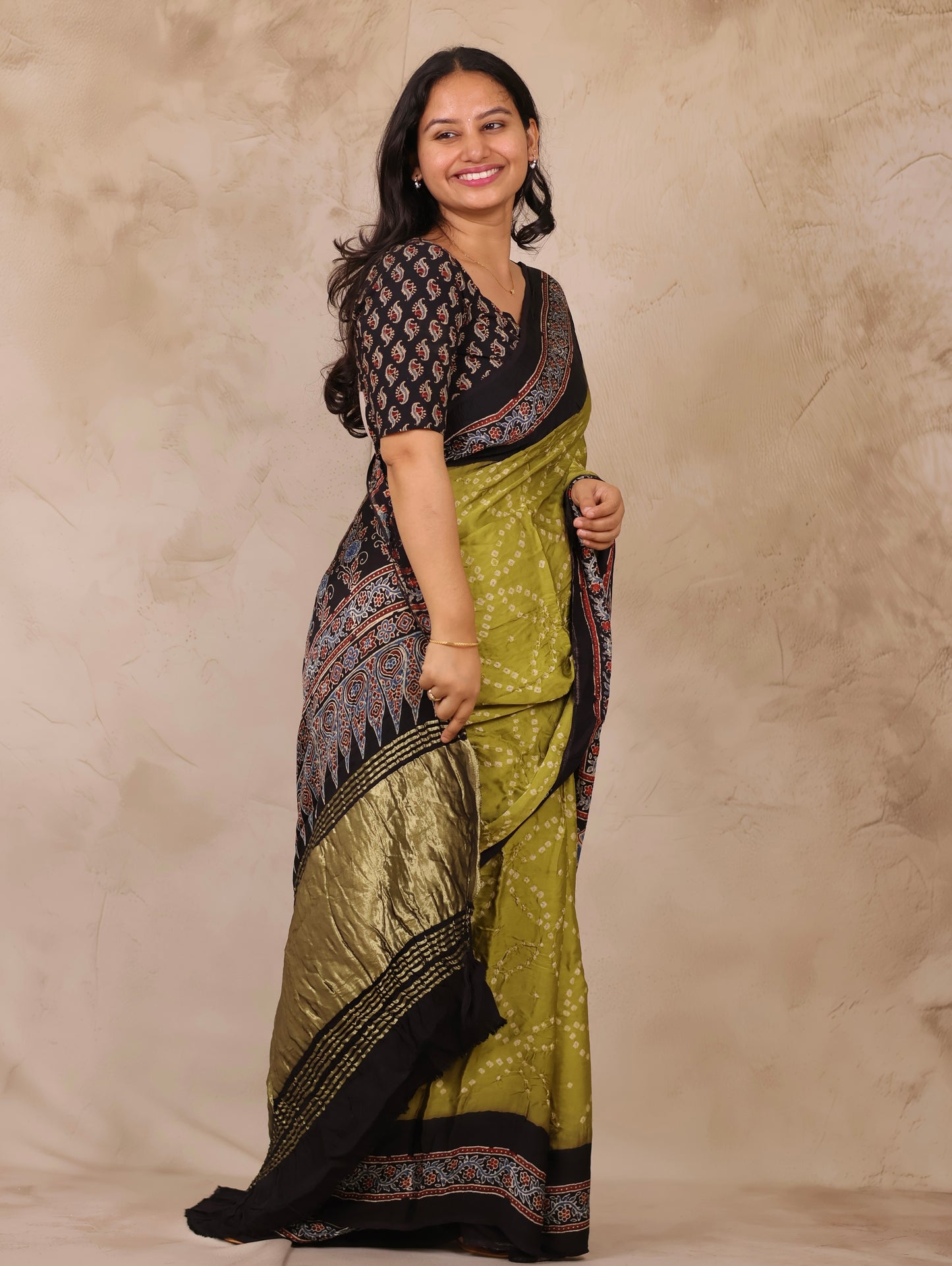 Lemon Green Hand Knotted Bandhej Arakh Modal Silk Saree with Lagdi Pallu | Looms & Tassels