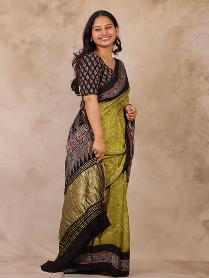 Lemon Green Hand Knotted Bandhej Arakh Modal Silk Saree with Lagdi Pallu | Looms & Tassels