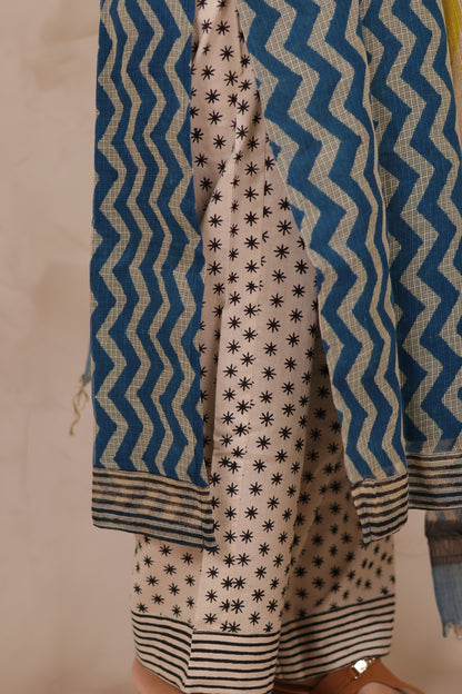 Cyan Blue Contemporary Handblock printed kota 3 piece suit (stitched)