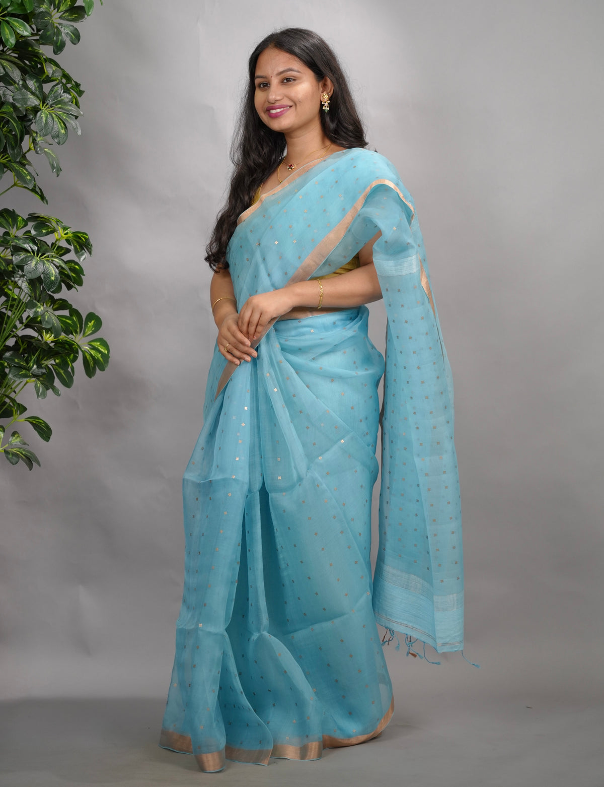 Sky Blue Handwoven Muslin Silk Saree With Sequence Work | Looms & Tassels