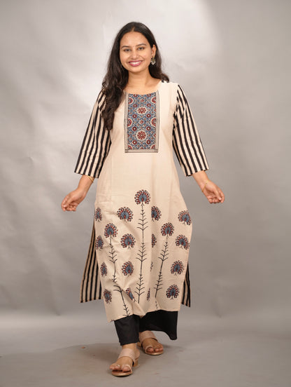 Cream Ajrakh Pattern Hand Block printed Kurti | Looms & Tassels