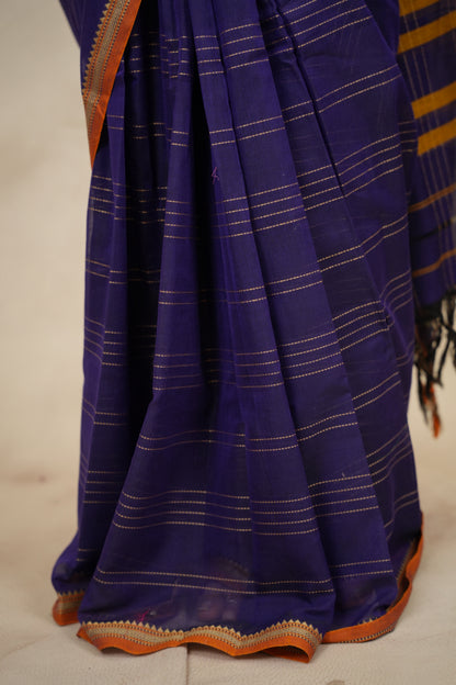 Dark Blue Narayanpet Cotton Saree lines weaving | Looms & Tassels