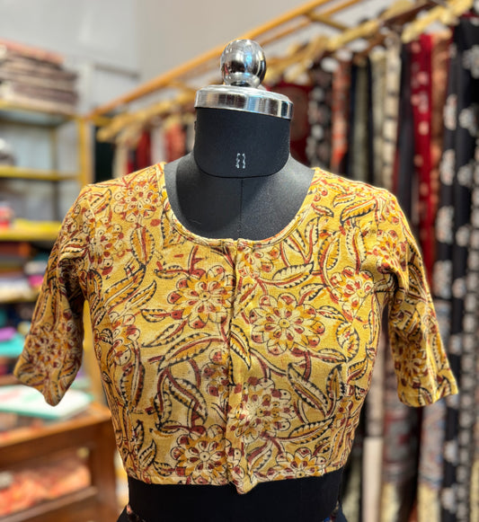 Mustard Round neck Stretchable Hand block printed kalamkari blouse with front hooks