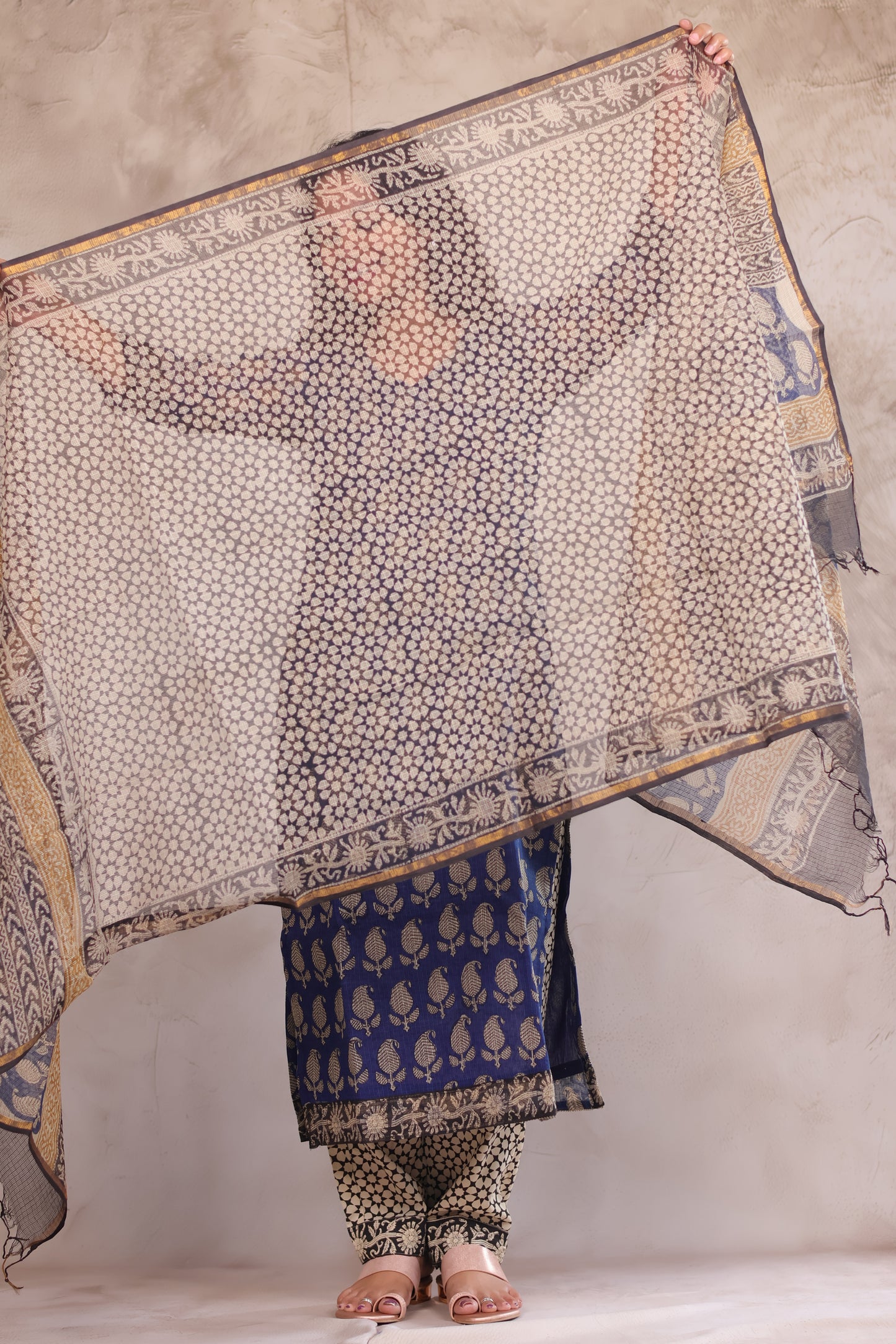 Blue Bagru Handblock printed kota 3 piece suit (stitched)