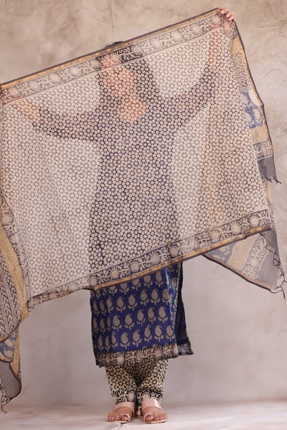Blue Bagru Handblock printed kota 3 piece suit (stitched)