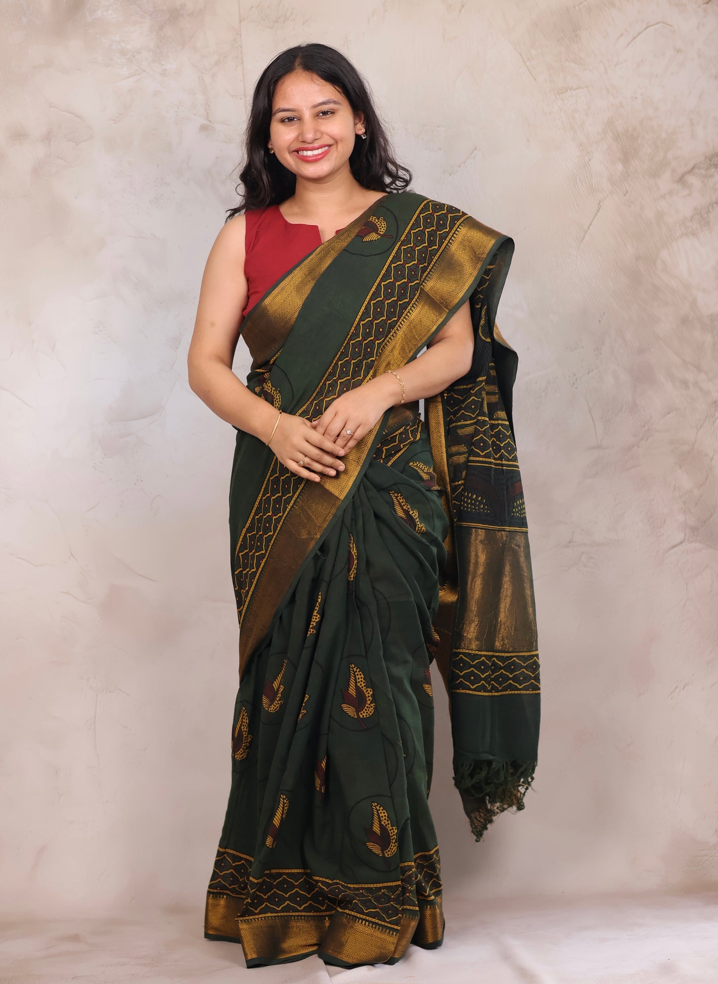 Green Ajrakh Hand Block Printed Mangalagiri Cotton Saree | Looms & Tassels