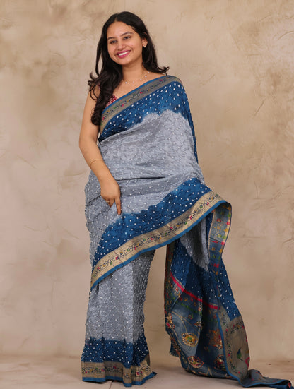 Dual Tone Handcrafted Bandhani Paithani Dola Silk Saree | Looms & Tassels