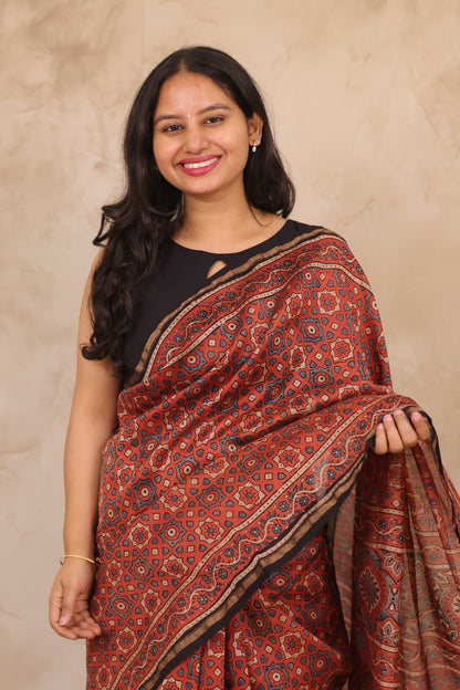 Maheswari Silk Cotton Ajrakh Handblock Printed Saree | Looms & Tassels