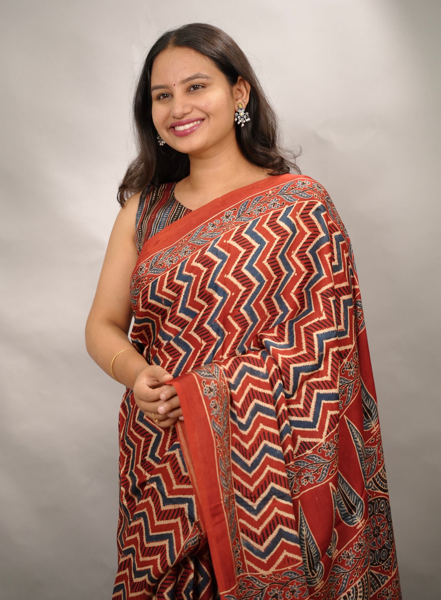 Maroon Authentic Ajrakh Handblock Printed Modal Silk Saree | Looms & Tassels