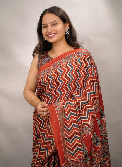 Maroon Authentic Ajrakh Handblock Printed Modal Silk Saree | Looms & Tassels