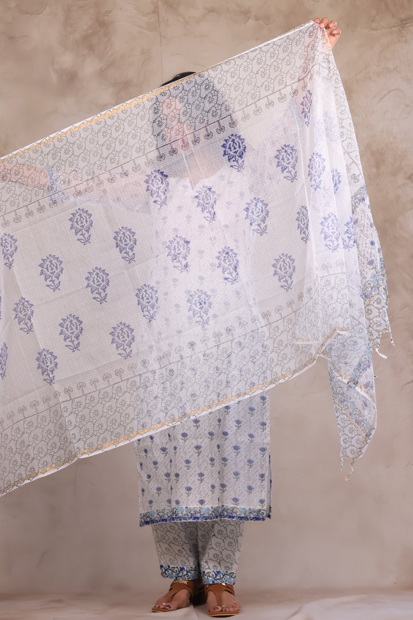 White Sangneri Handblock printed kota 3 piece suit (stitched)