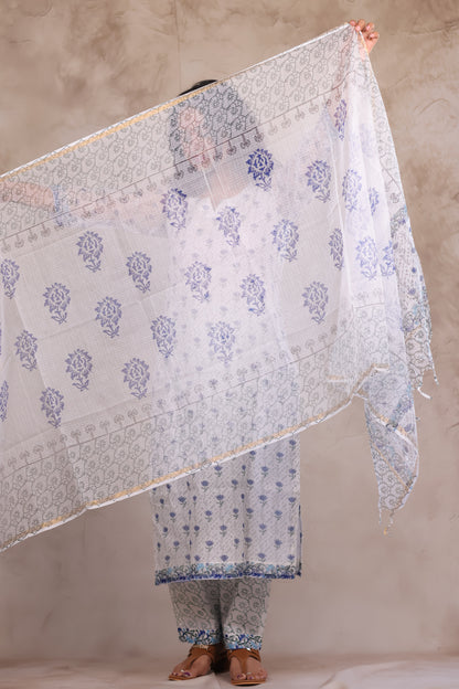 White Sangneri Handblock printed kota 3 piece suit (stitched)